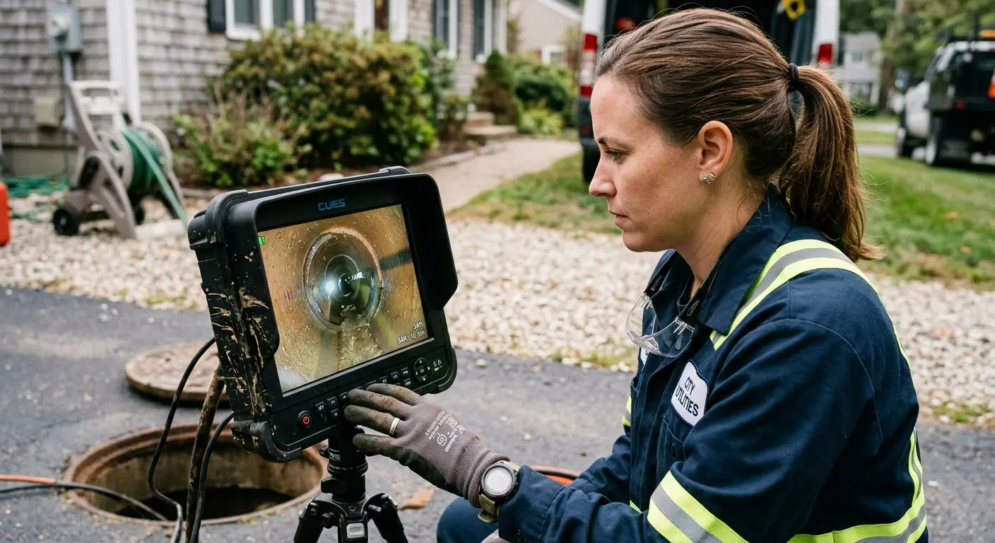 Technician reviewing sewer camera inspection footage in Sun Valley