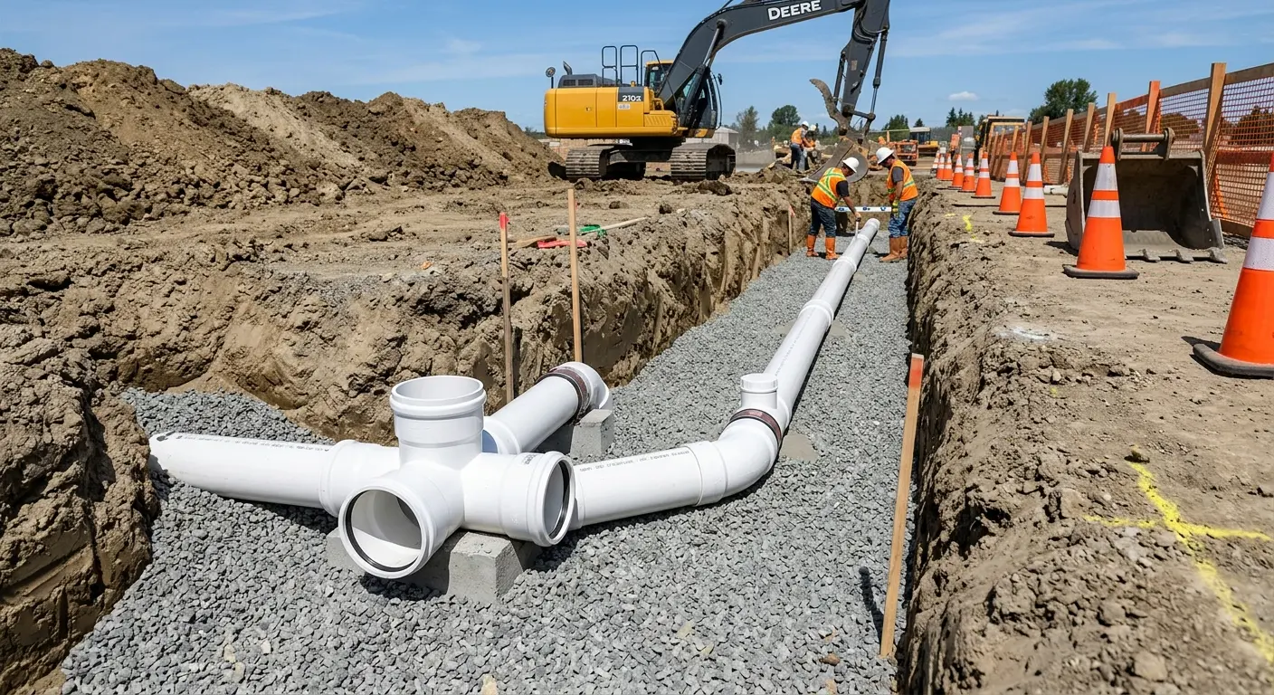 New PVC sewer pipe installation in open trench for Commercial Drain Cleaning in Sun Valley