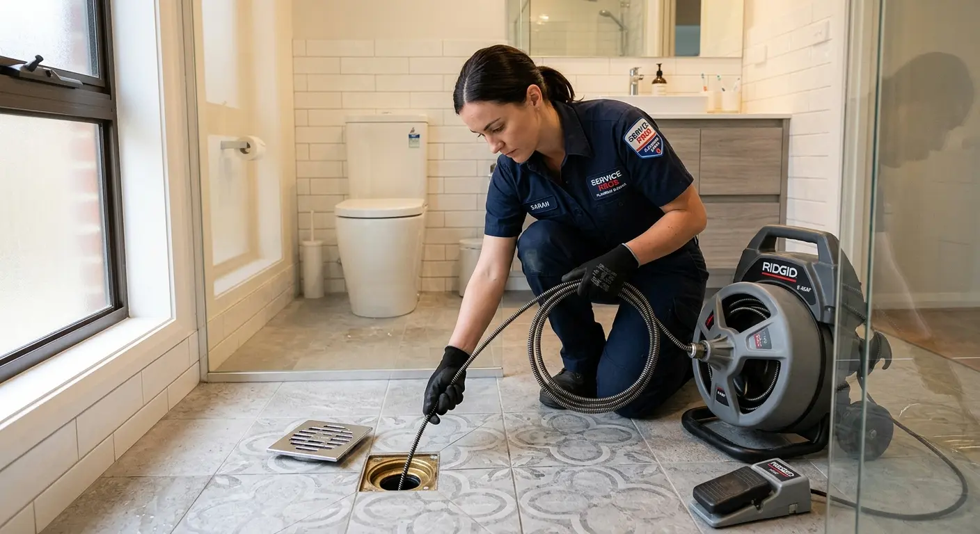 Technician clearing a bathroom floor drain for Drain Cleaning in Sun Valley